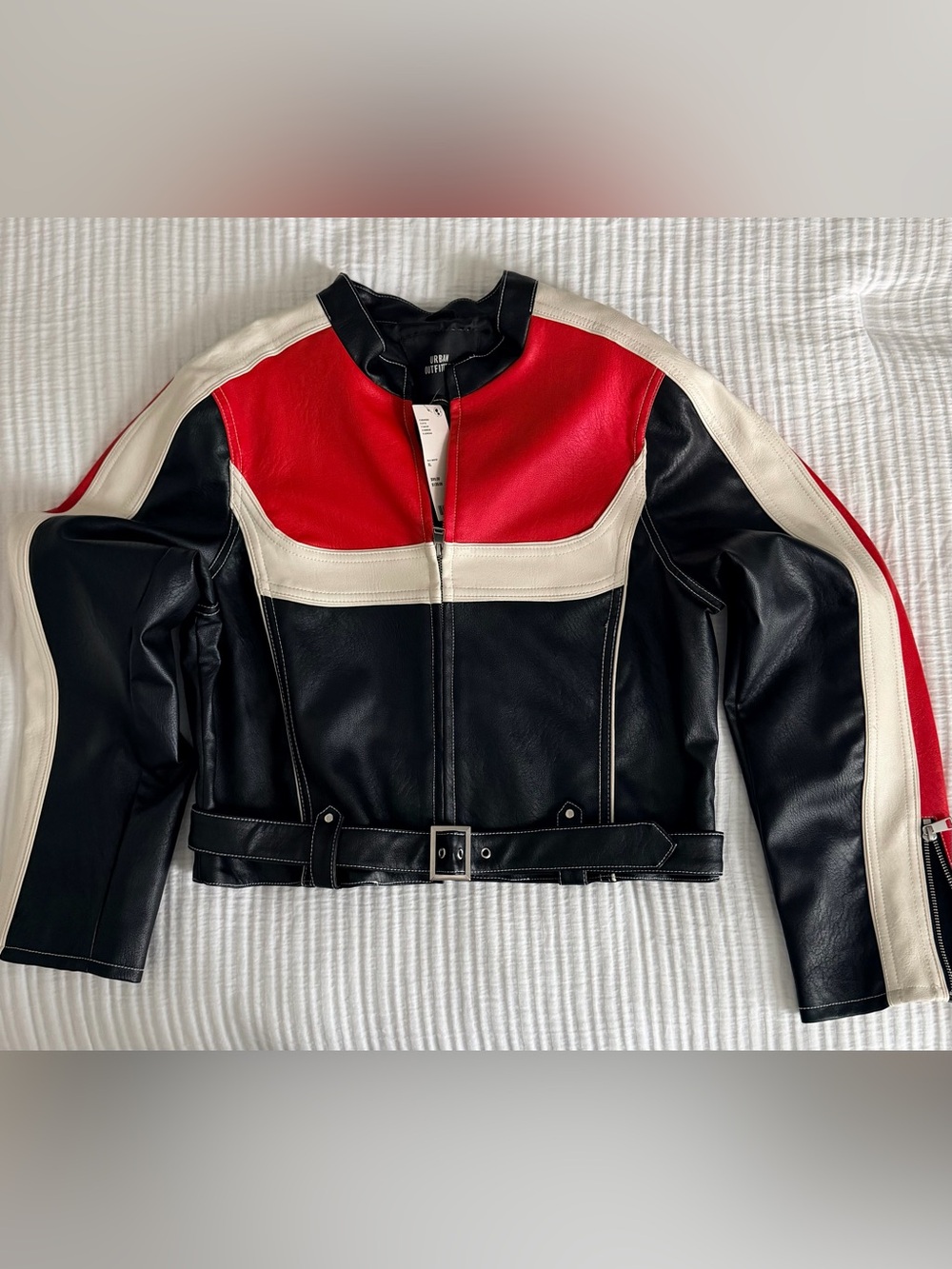 Urban Outfitters Black, Red & White Colorblock Faux Leather Moto Jacket